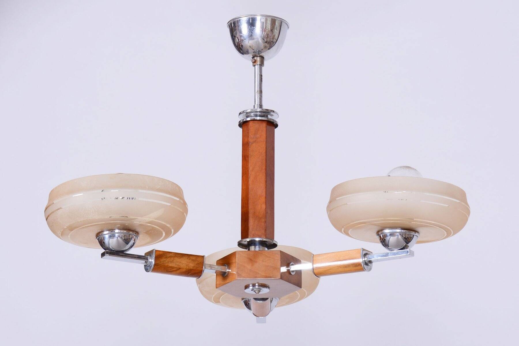 Art Deco Chandelier in Chromed Steel, Walnut and Glass, Czech, 1920s