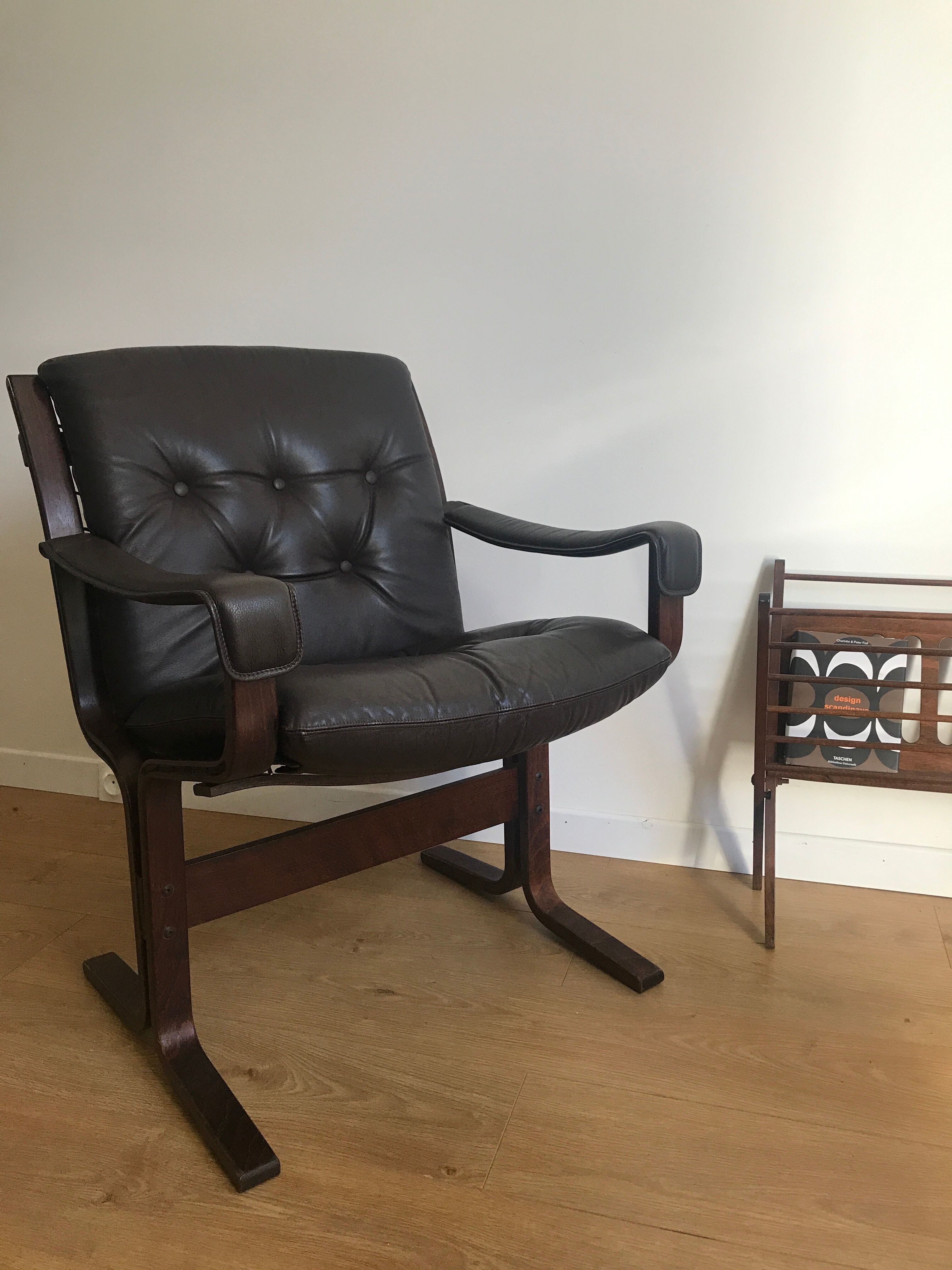 Armchair siesta brown leather by ingmar relling for westnofa