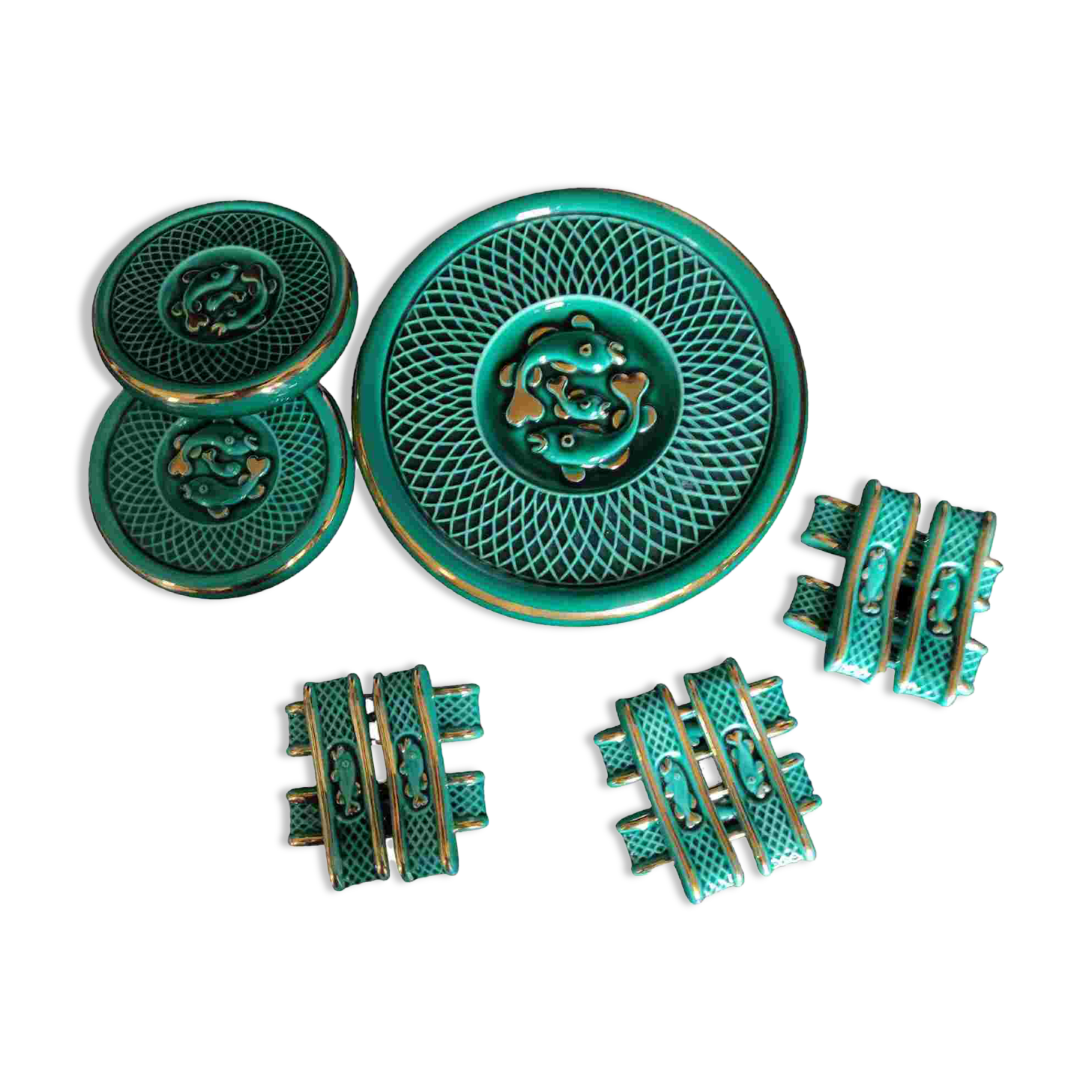 green ceramic trivet/bottle coaster/knife holder set