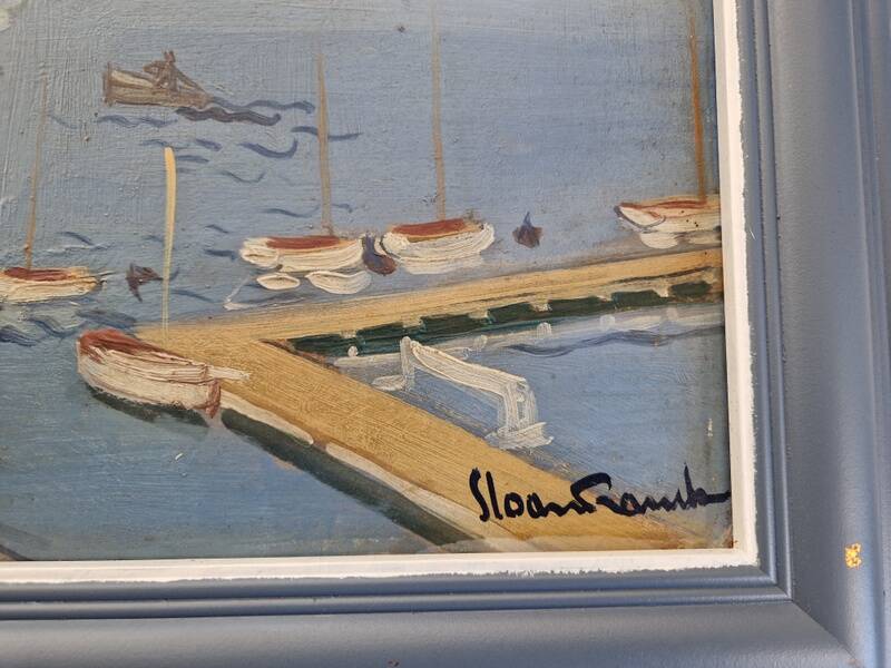 Frank Sloan (1900-1984) - Oil on hardboard - Sailboats near the bridge