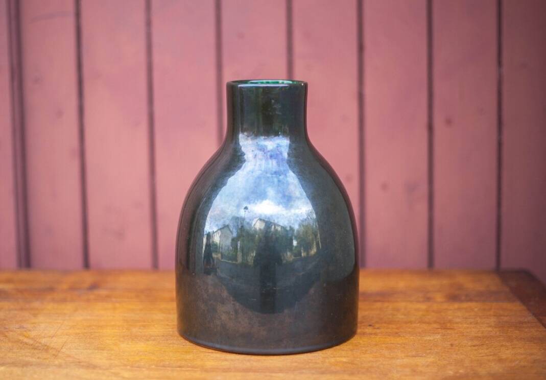 Green enameled ceramic vase, modernist vase, numbered vase, minimalist, collection, decoration