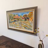 Mid-Century Modern Swedish "Fauvist Field" Vintage Landscape Oil Painting, Framed
