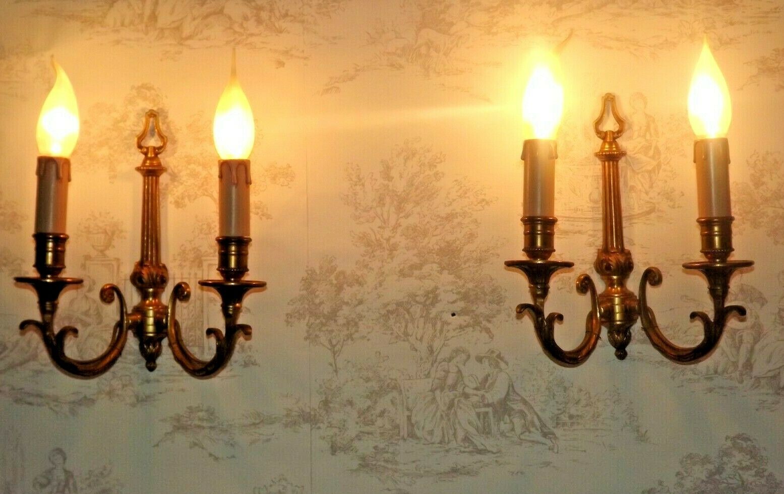 Pair french vintage cast bronze traditional empire style double wall lights