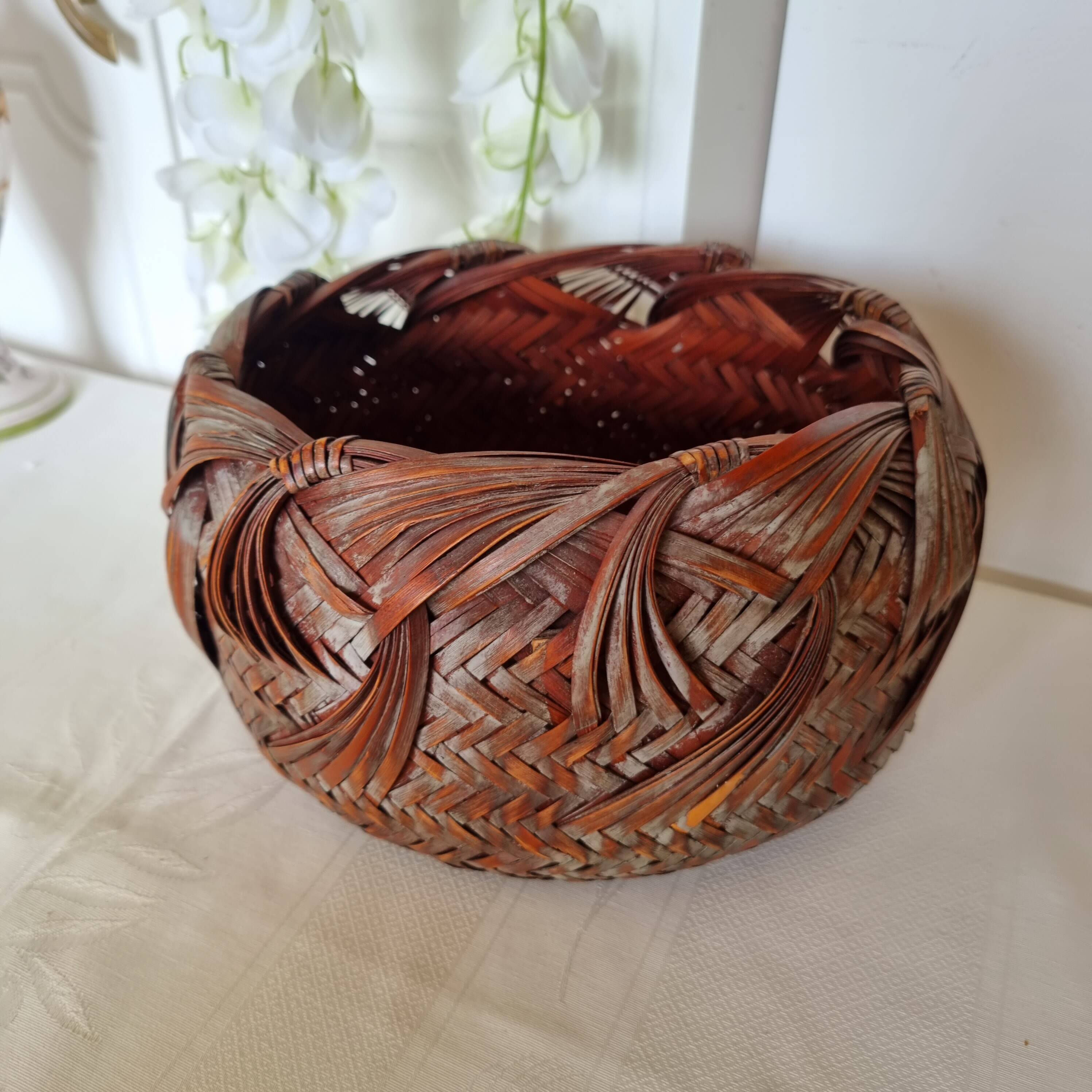 Vintage Japanese Ikebana basket made of smoked bamboo in natural