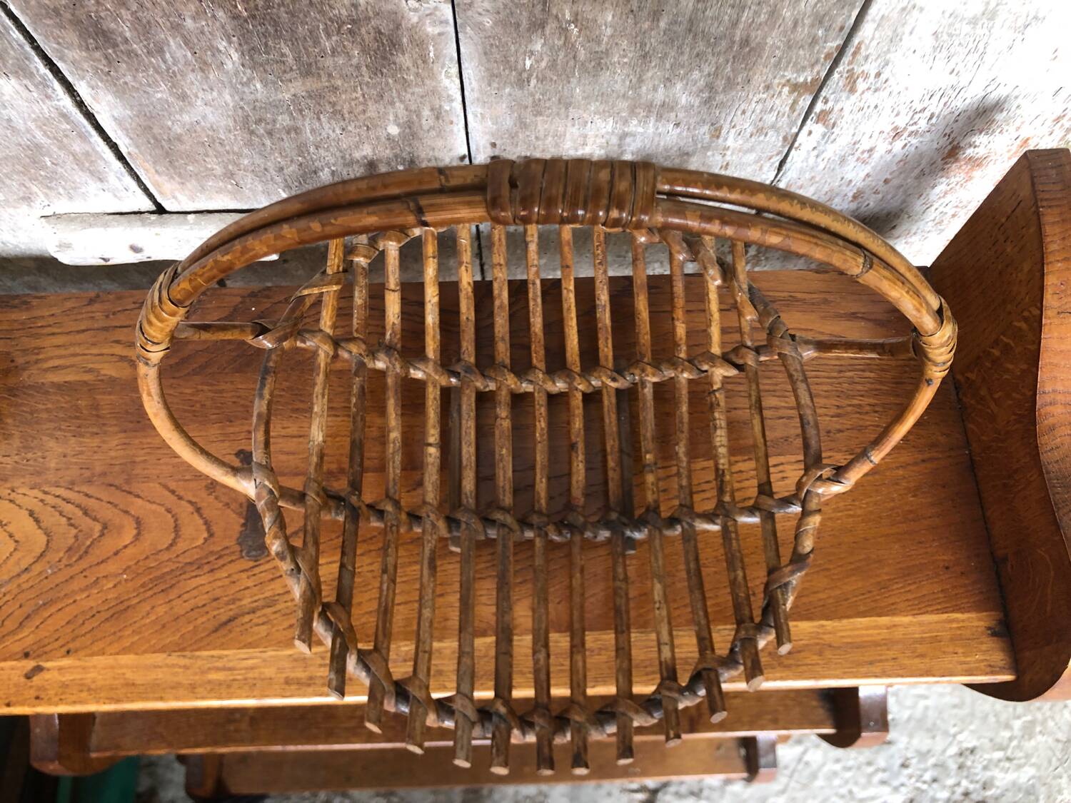 Old rattan picking basket vintage wood garden