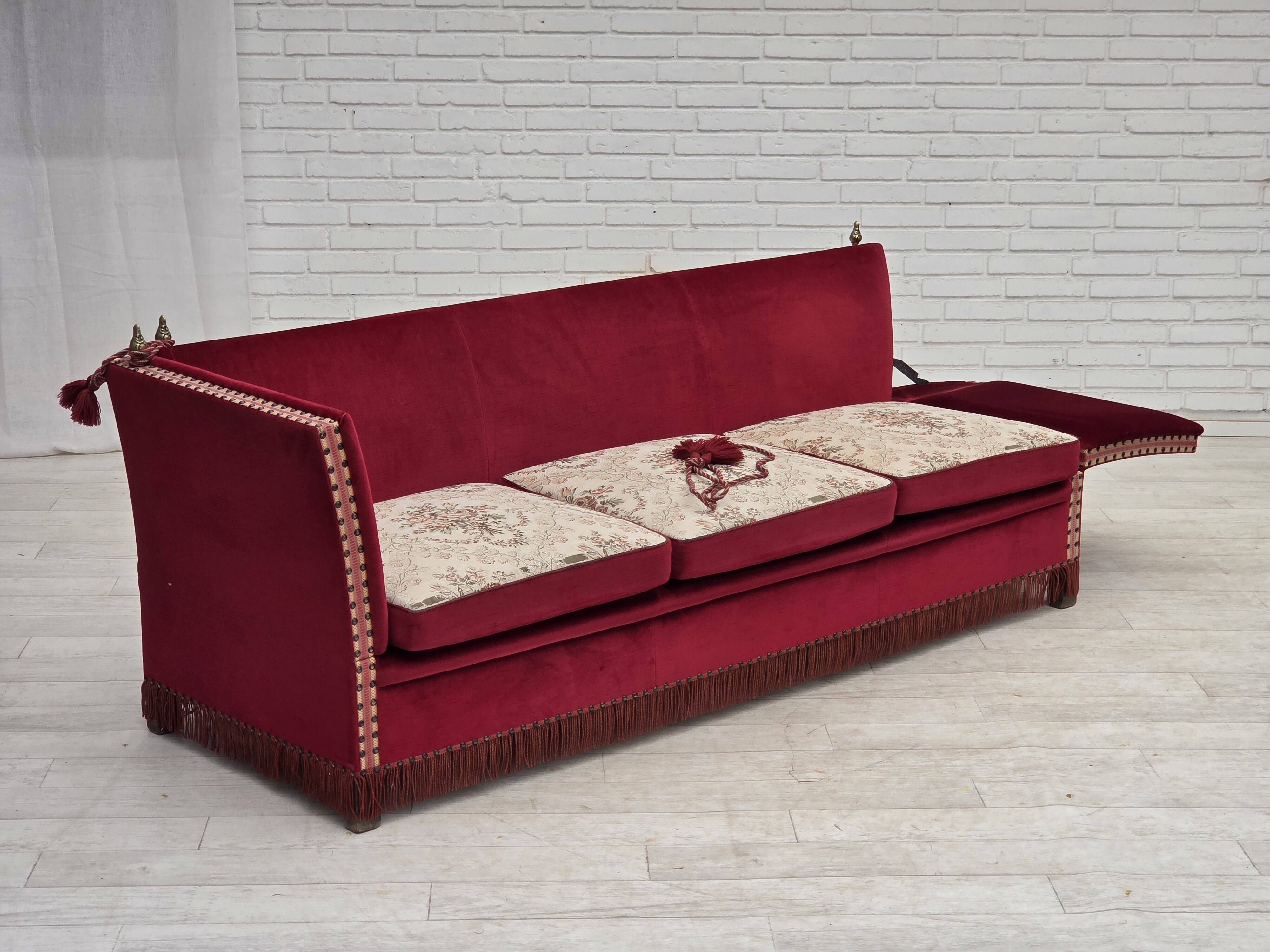 1970s, Danish 3-seater drop arm "Spanish" sofa, red furniture velour.