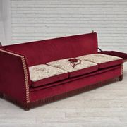 1970s, Danish 3-seater drop arm "Spanish" sofa, red furniture velour.