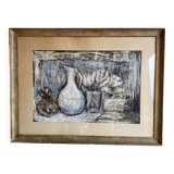 Still life modern gouache painting on paper signed and framed