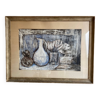 Nature morte peinture gouache moderne sur papier signee et encadree