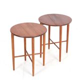Set of 2 round mid-century teak side tables by Carlo Jensen for Poul Hundevad, 1960s, Danish modern design, foldable