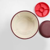 Vintage pouf with storage in dark red faux leather, France ca. 1950