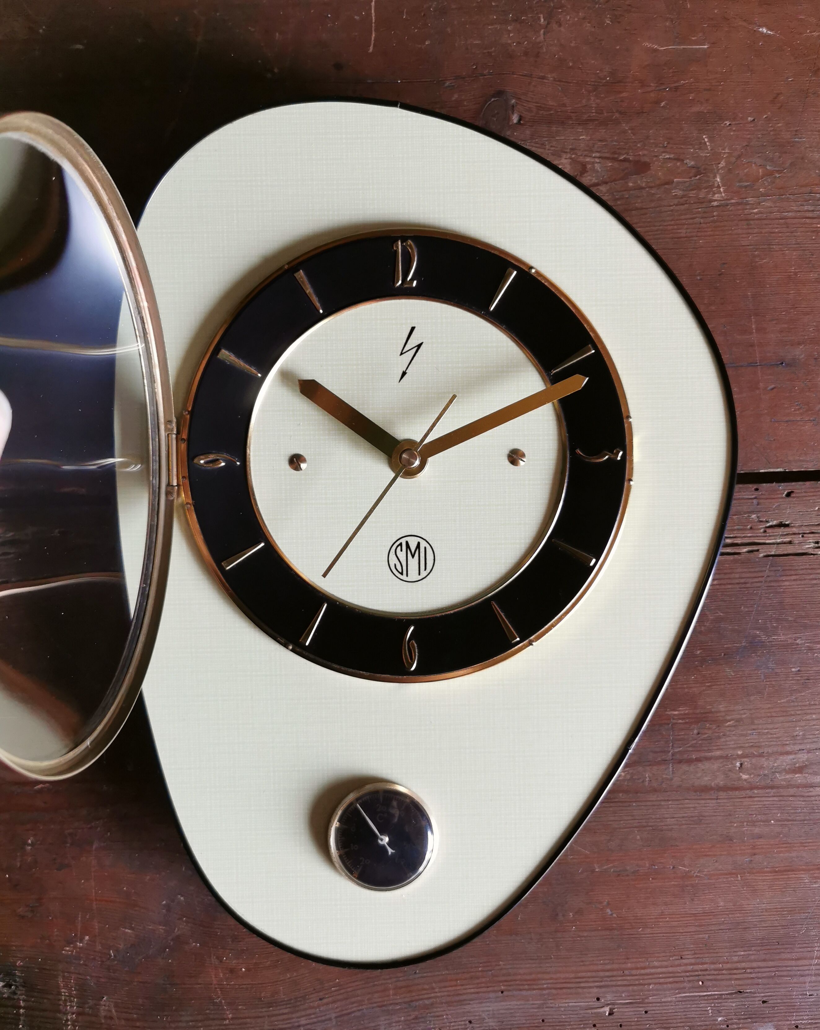 Vintage formica clock asymmetrical silent wall clock "SMI yellow black"