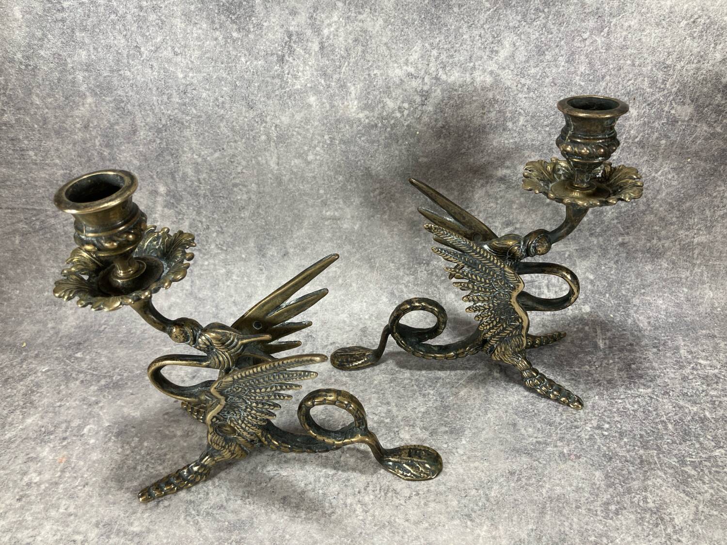 Pair of candlesticks. Chimera Dragon. Gilded brass. Fantastic bestiary