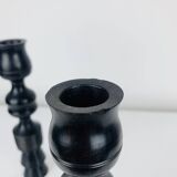 Pair of vintage ethnic blackened wood candlesticks