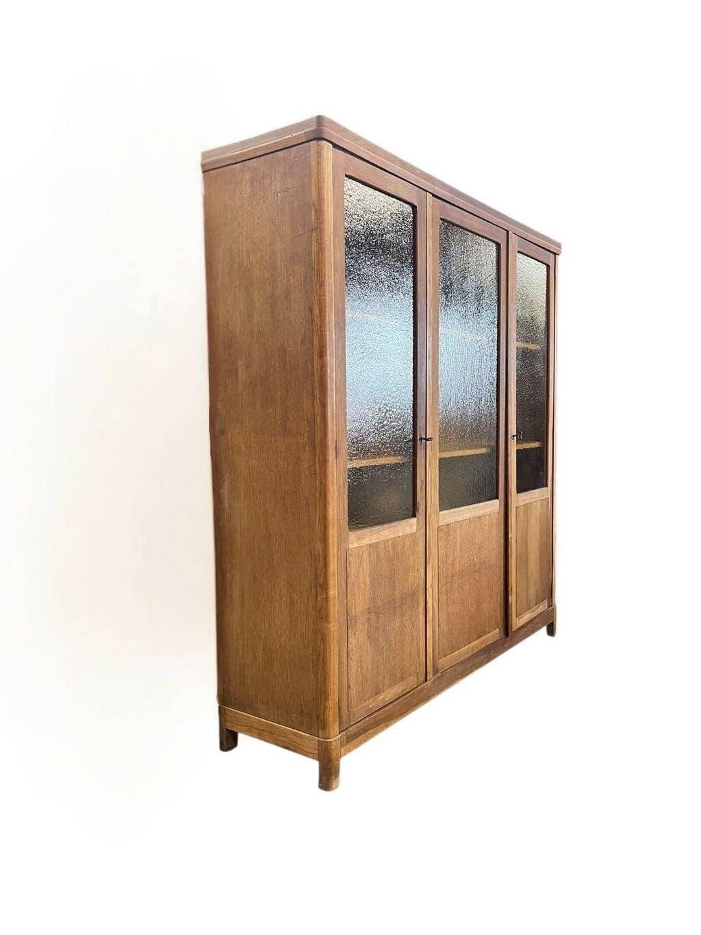 Vintage wooden display cabinet / wall cabinet with embossed yellow glass