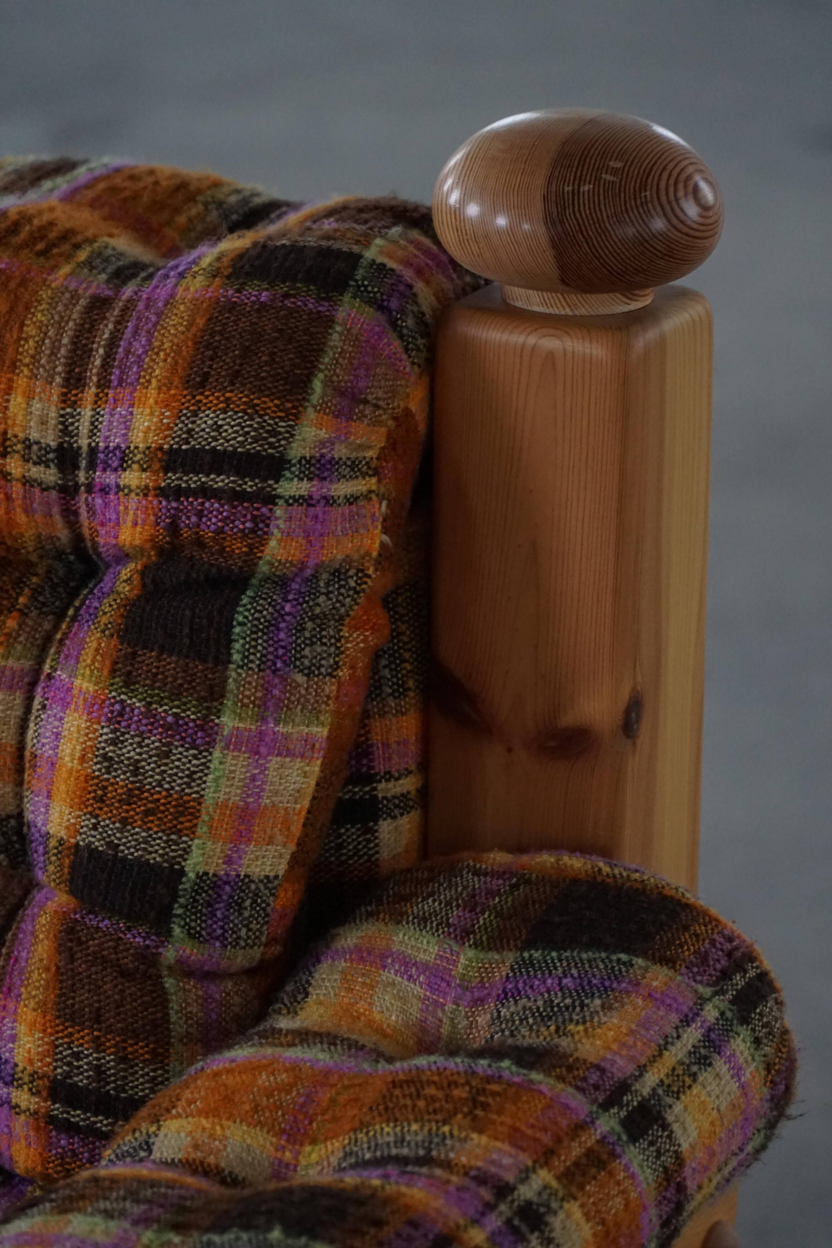 Brutalist lounge chair in solid pine, Swedish modern, made in the 1970s.