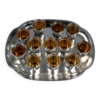 Antique silver-plated/gold liquor service with 12 goblets, tray + case.
