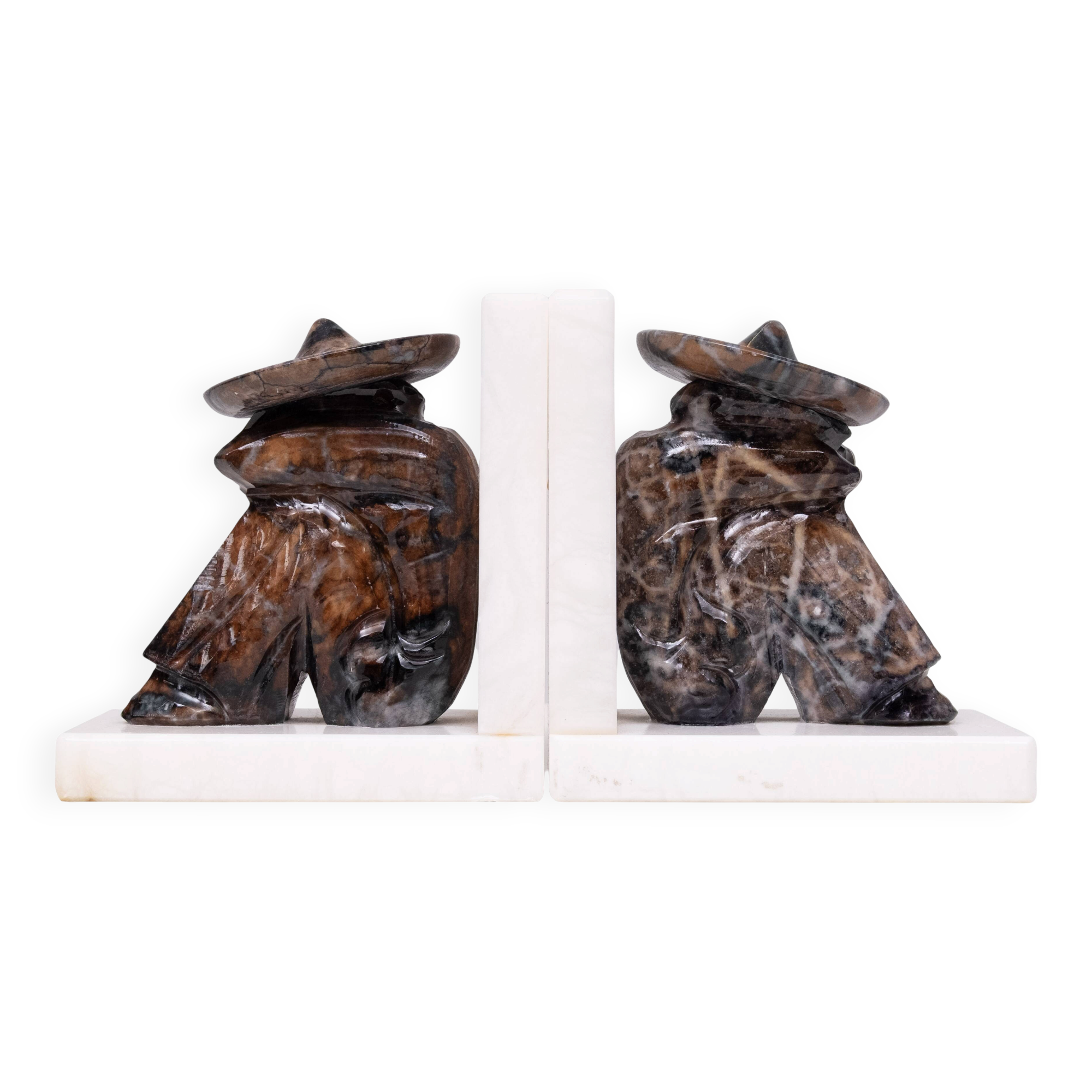 Vintage Onyx and White Marble Bookends, Sombrero Design, Mexico, 1970s