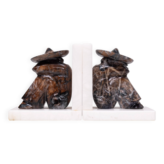 Vintage Onyx and White Marble Bookends, Sombrero Design, Mexico, 1970s