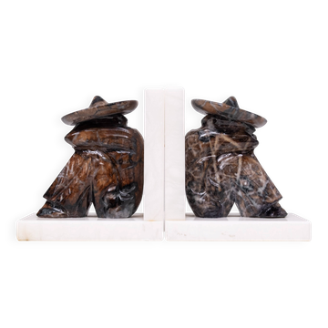 Vintage Onyx and White Marble Bookends, Sombrero Design, Mexico, 1970s