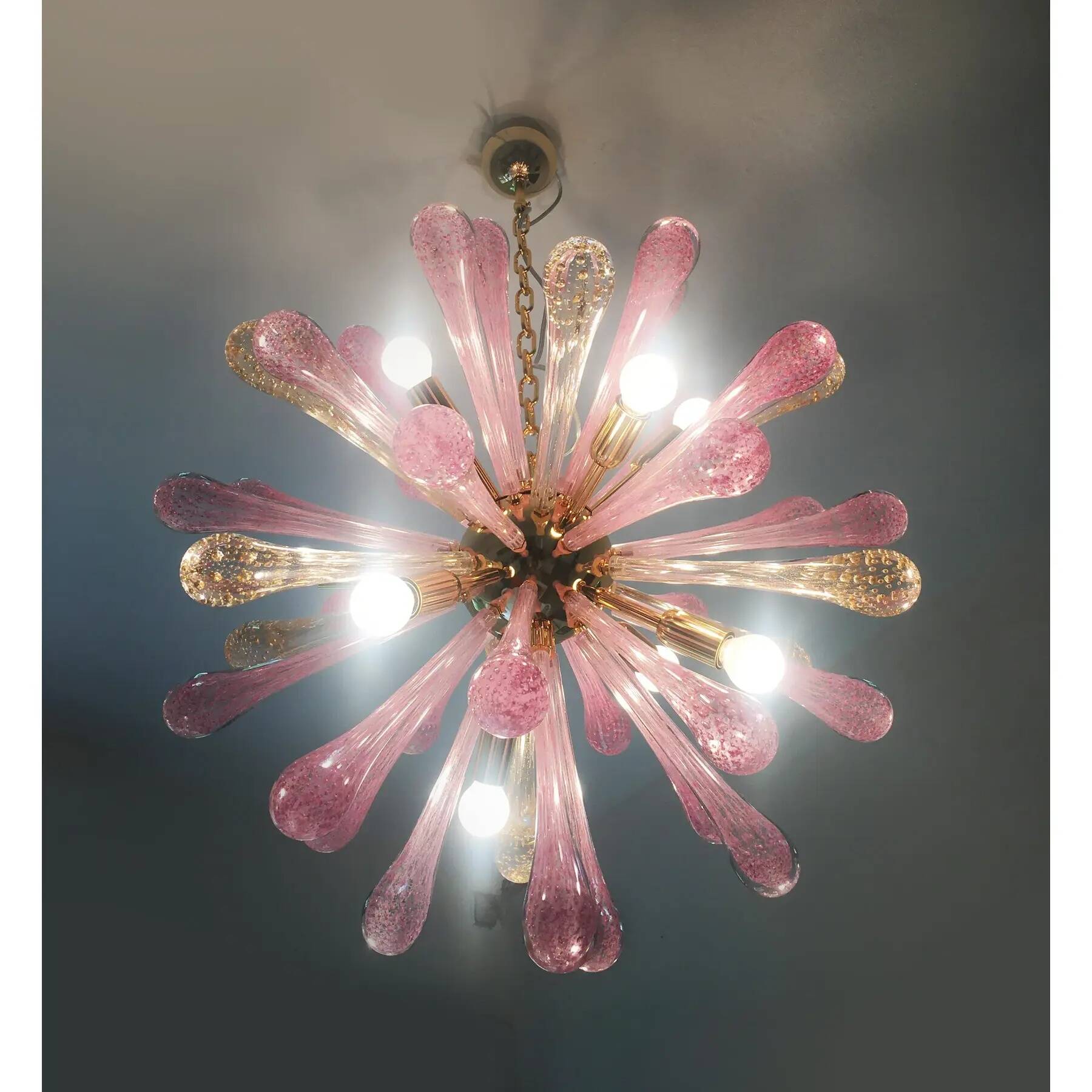 Sputnik Chandelier in Murano Glass with Gold and Pink Air Drops