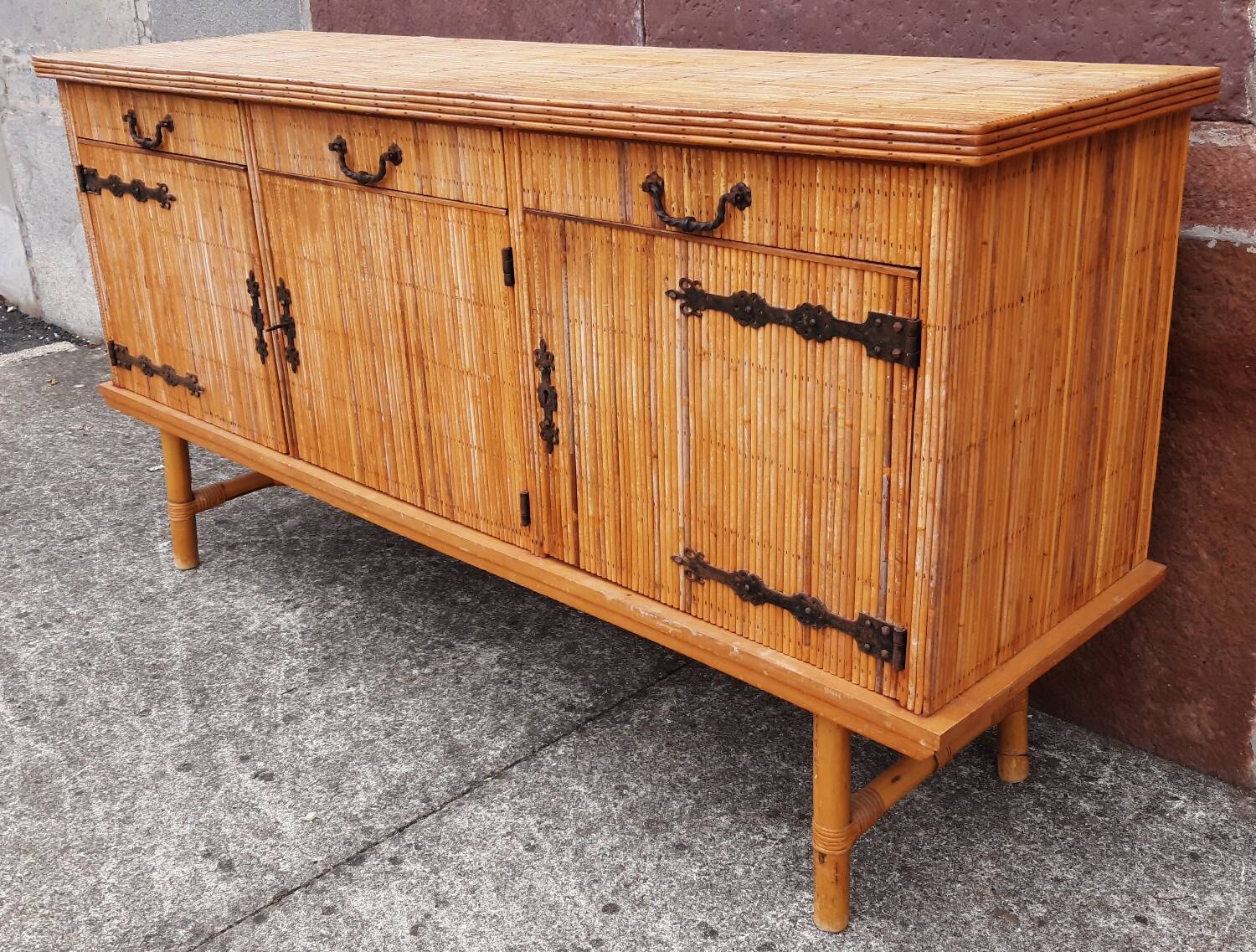Console table in rattan and bamboo, (Attributed to Audoux-Minet)