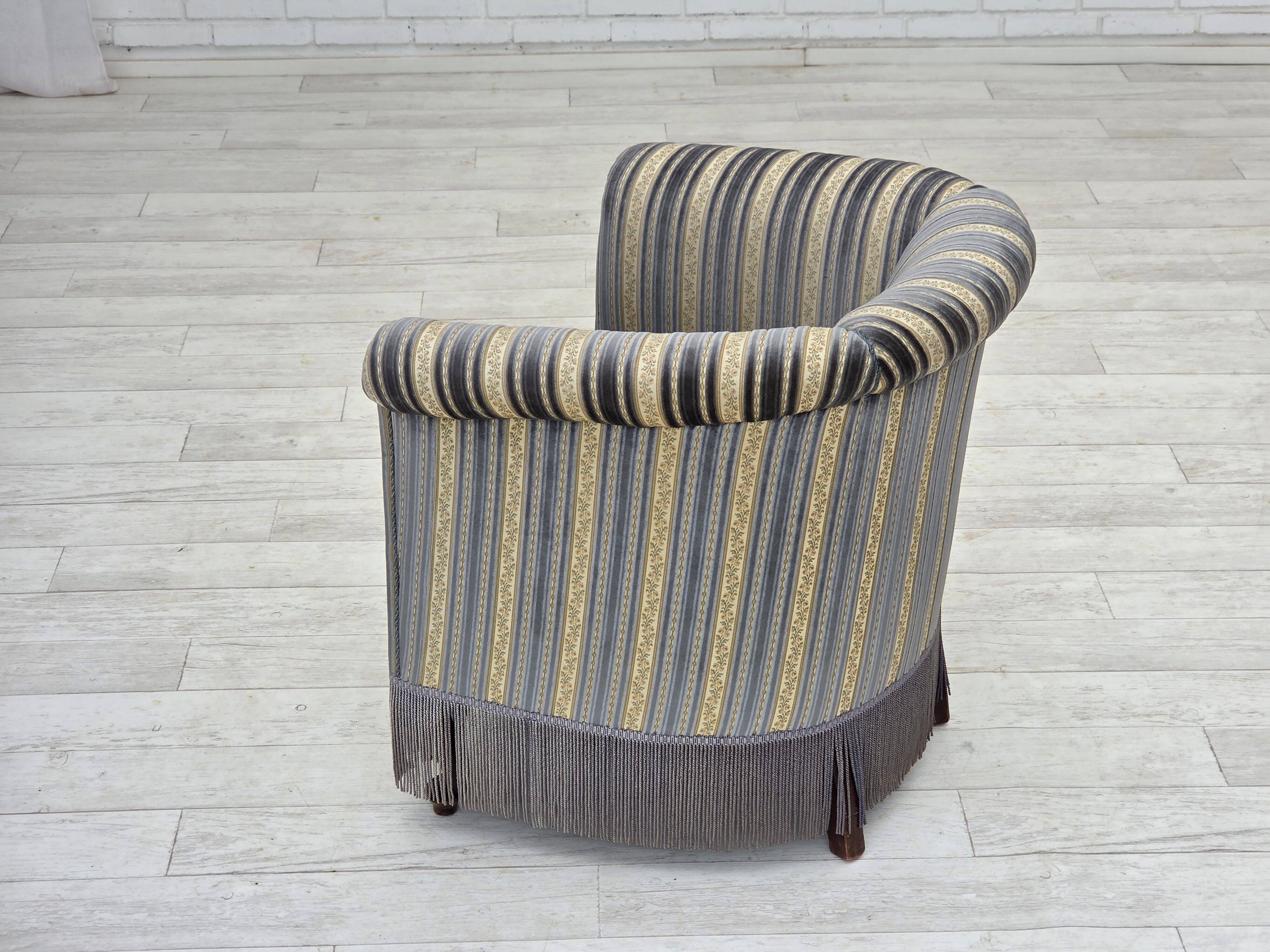 1960s, Danish lounge chair, blue/beige furniture velour, beech wood legs.