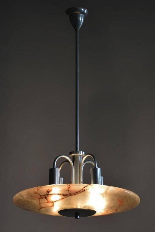 Art Deco Chandelier in Aluminium and Marbled Glass, Czech, 1940s