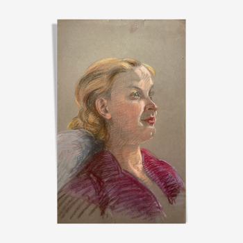 Tableau Pastel "femme au chemisier rouge" vers 1950