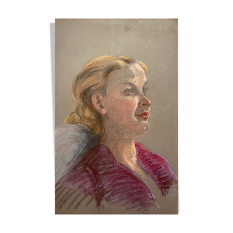 Tableau Pastel "femme au chemisier rouge" vers 1950