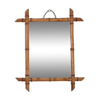 Miroir ancien en bois tourné 51 cm, imitation bambou.