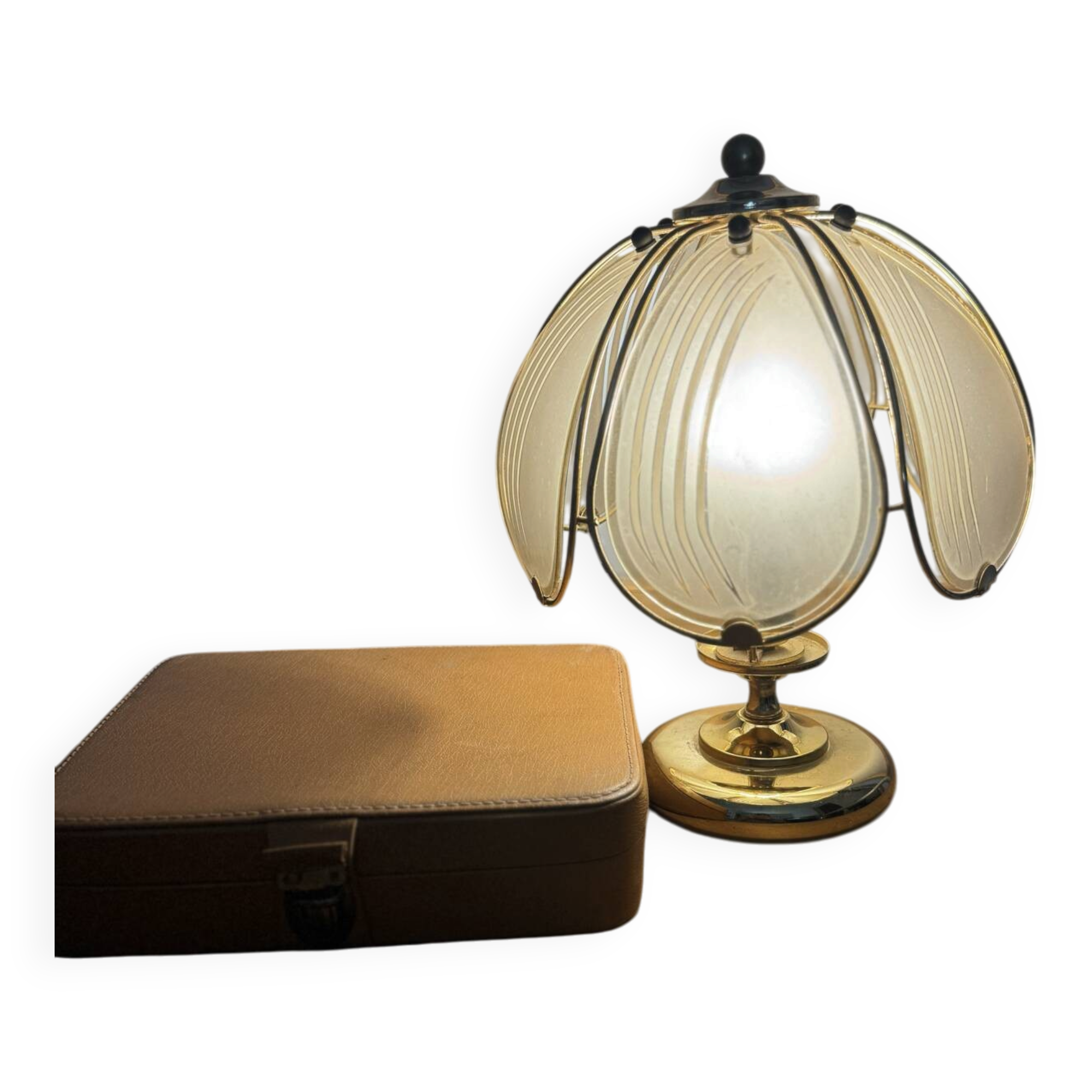 Vintage Hollywood Regency brass and smoked glass lotus table lamp – 19