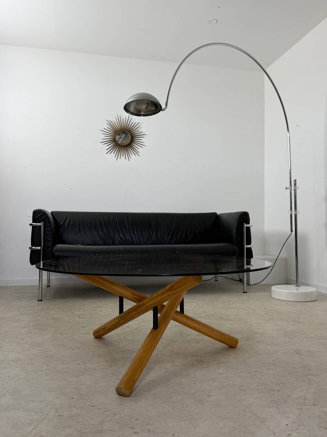 Old 3-seater sofa in tubular and black leather by Kébé, Denmark 1970s