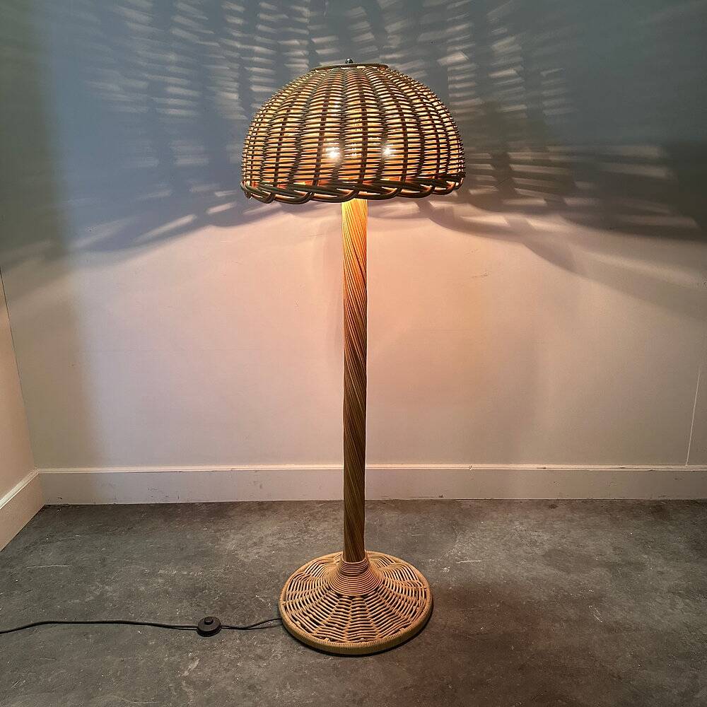 Large French rattan floor lamp, mushroom shade, vintage wicker standing lamp