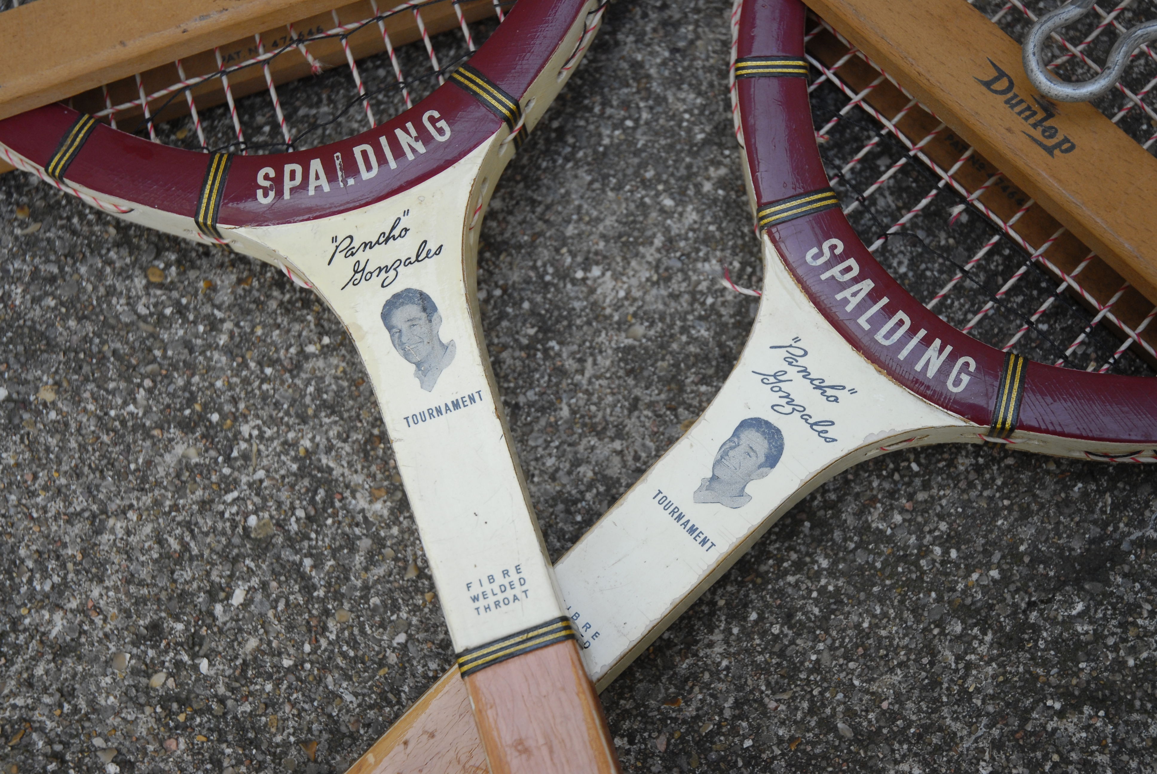 Pair of Tennis rackets vintage Spalding Pancho Gonzales with their presses wooden Dunlop