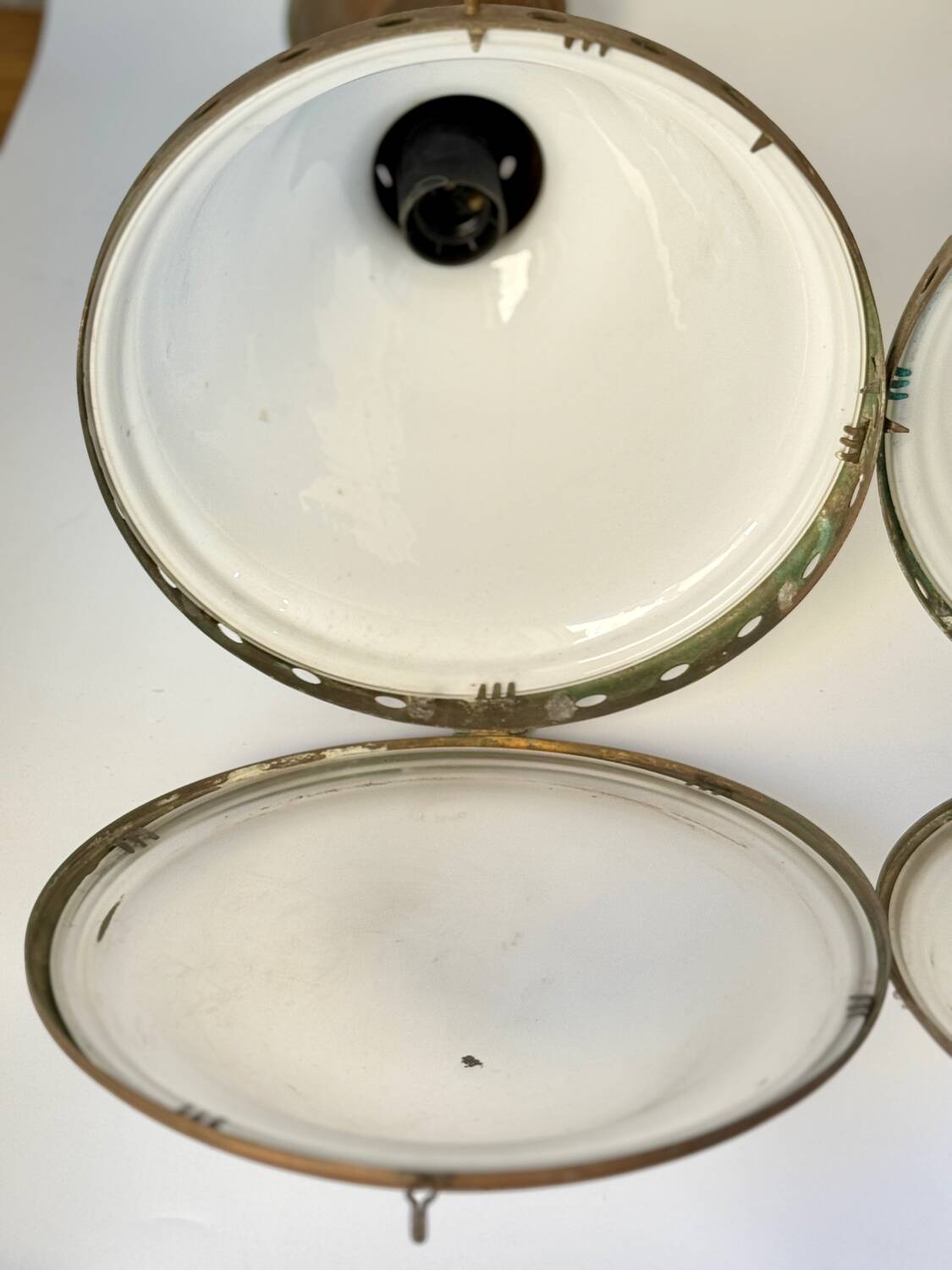 Bauhaus Art Deco Suspension Set in Opaline Glass and Brass 1930