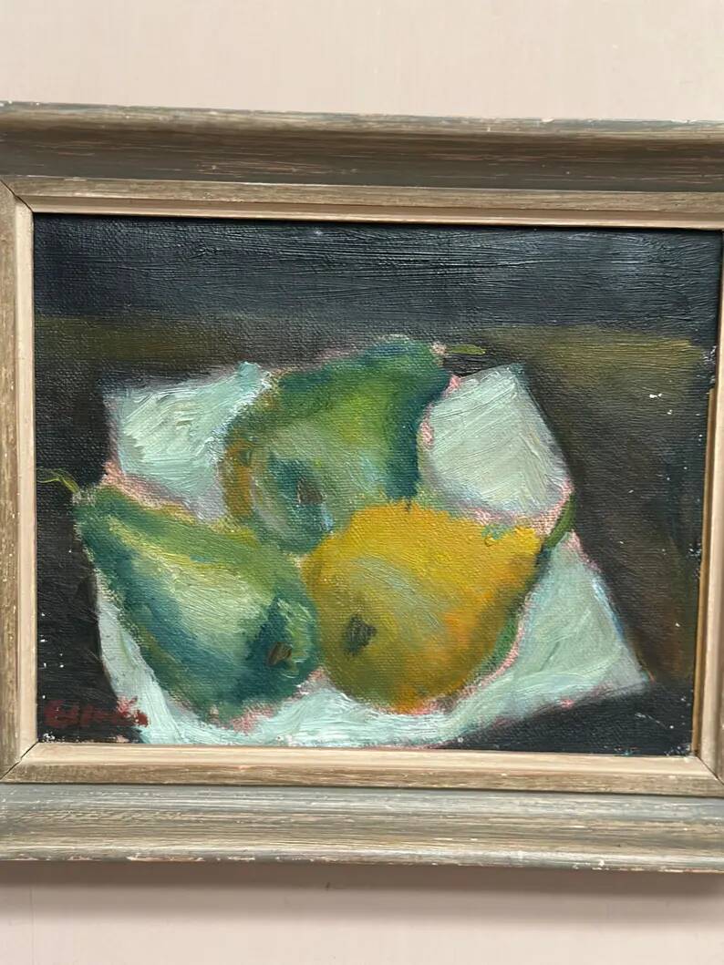 Swedish Original Oil on Panel – "Pears" by Elfrén – Signed – Vintage and Framed