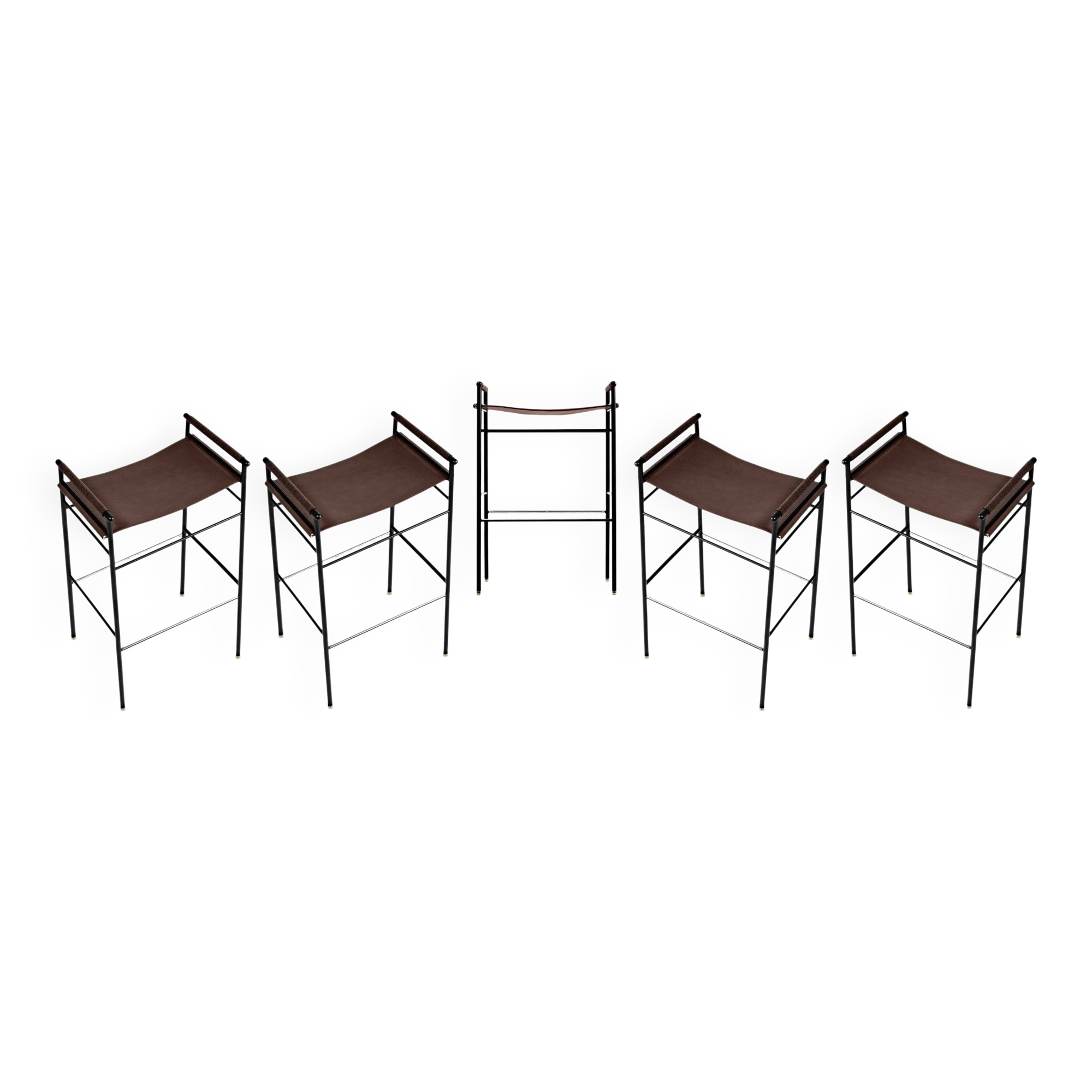 Lote de 5 Taburete de Bar Clásico Contemporáneo Marrón Oscuro Piel Goma Negra Metal