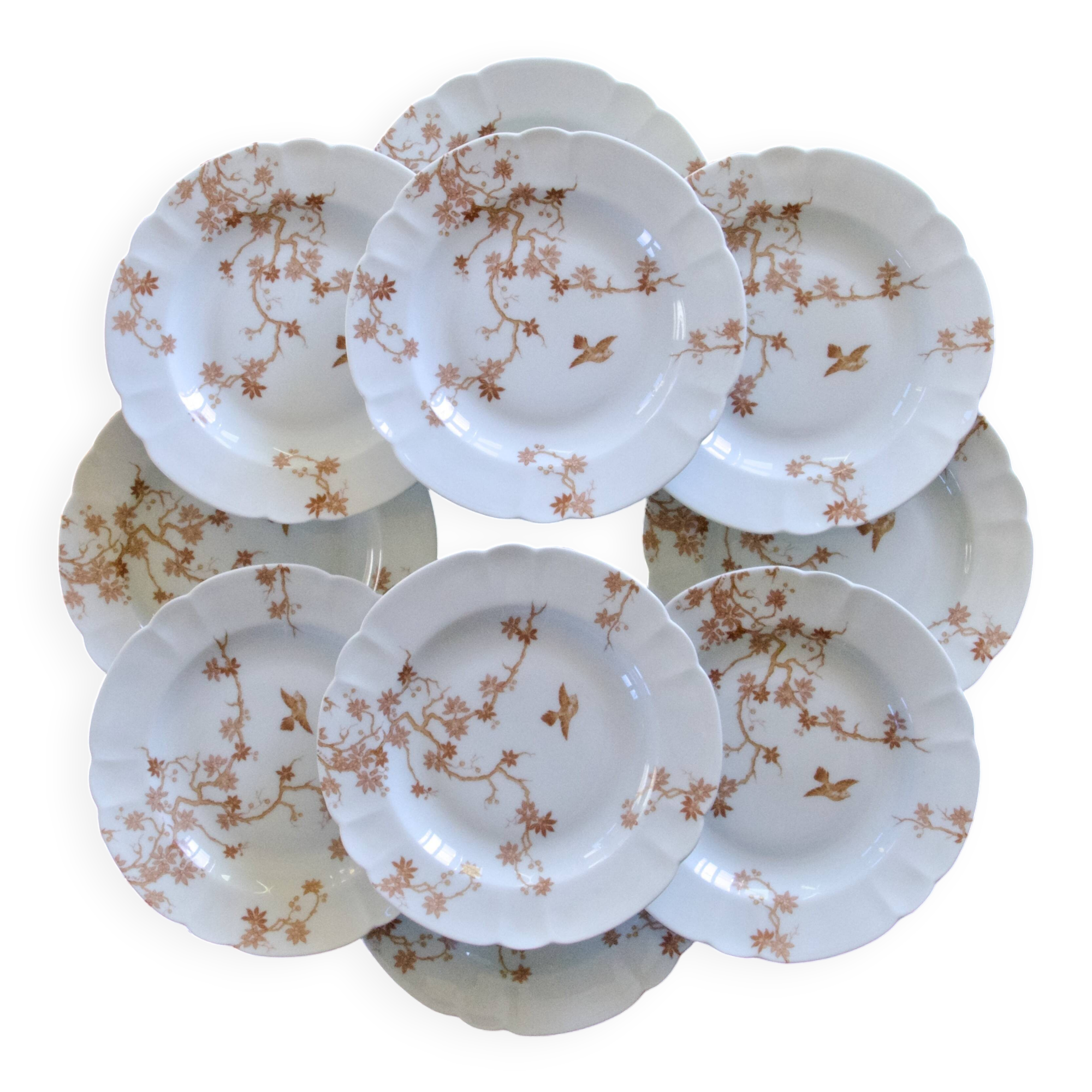 Antique Limoges porcelain plates by Charles Haviland, bird decoration