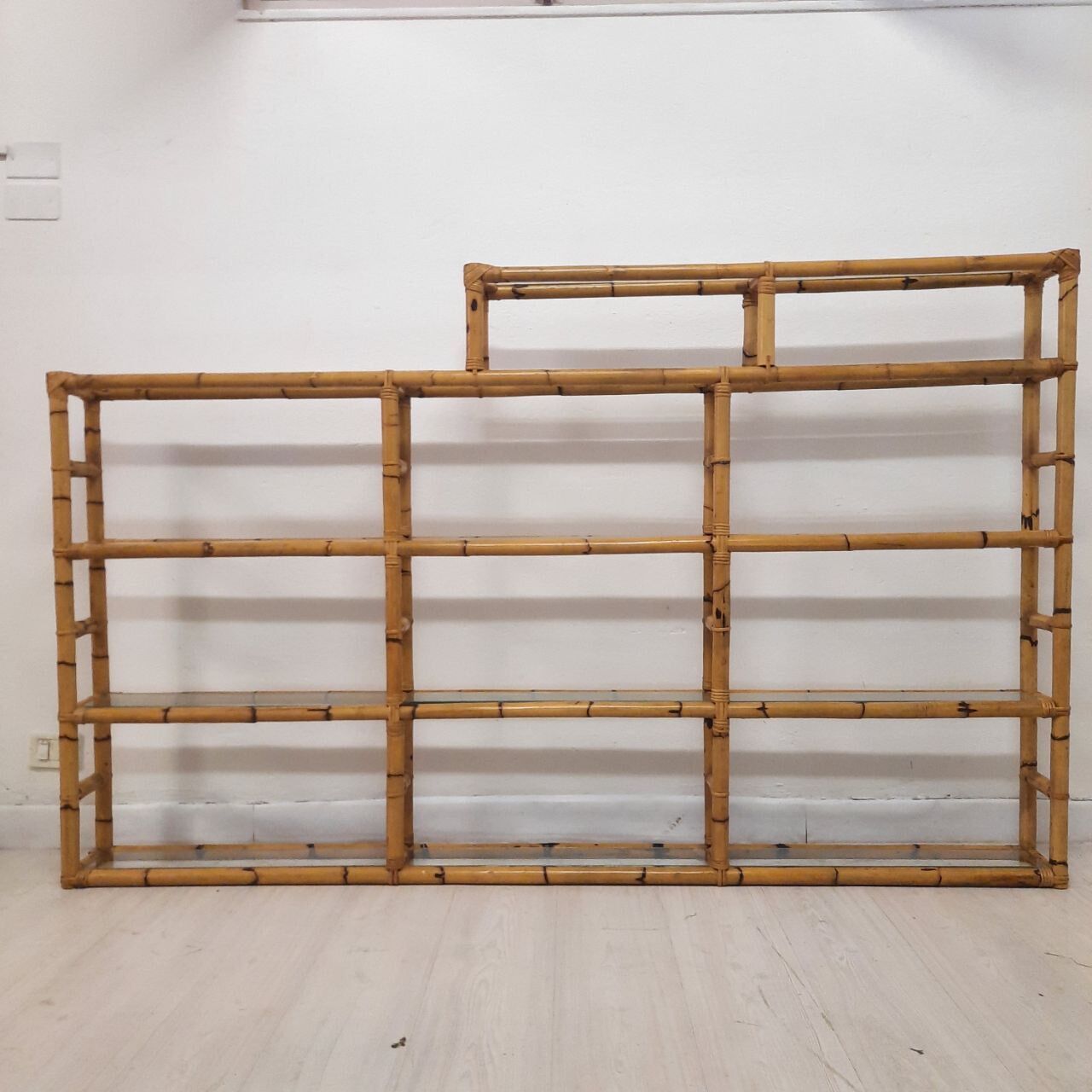 Bookcase, vintage bamboo shelf with glass shelves