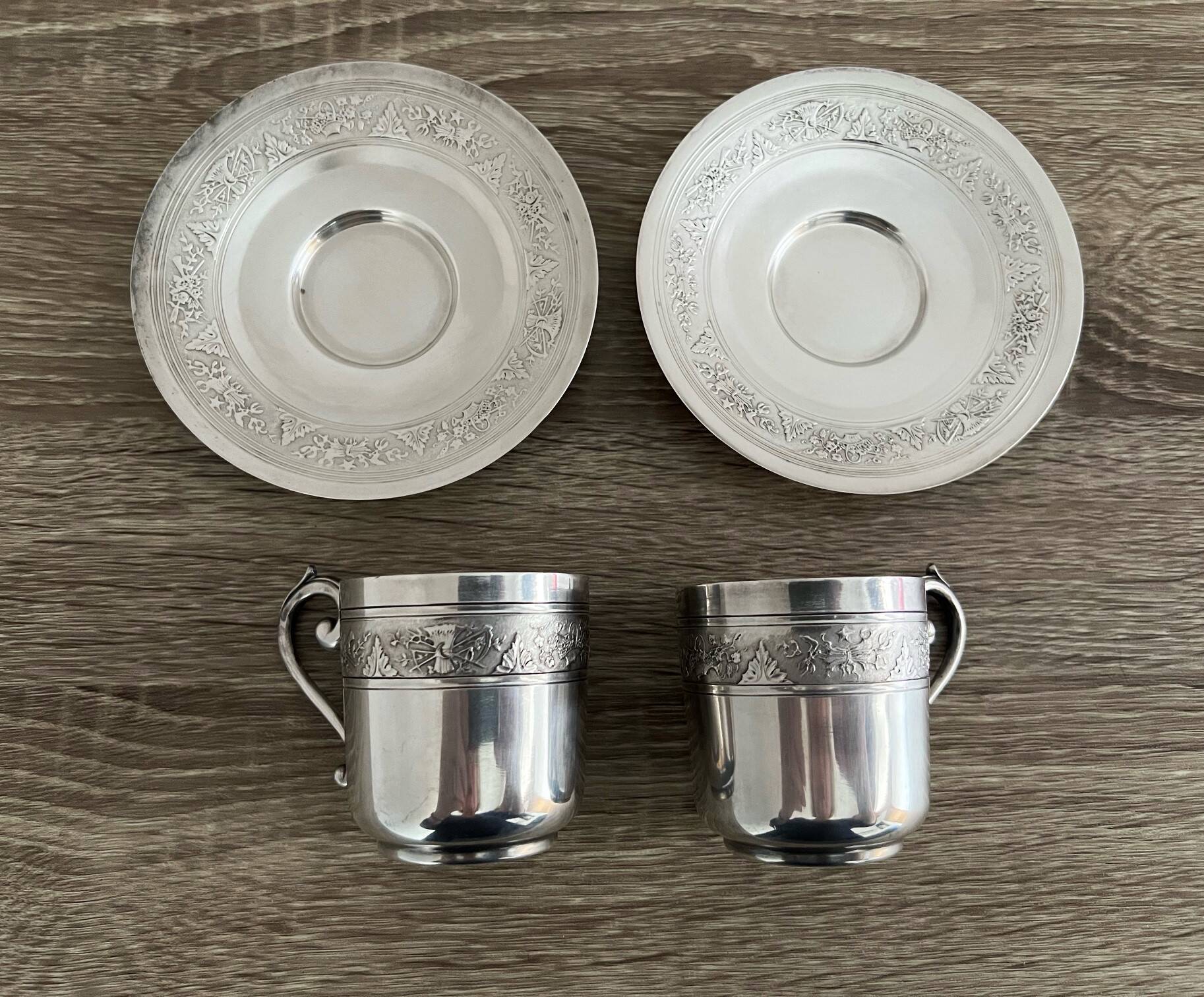 2 Gallia silver-plated cups and saucers with rooster and goat's head hallmarks, numbered
