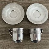 2 Gallia silver-plated cups and saucers with rooster and goat's head hallmarks, numbered