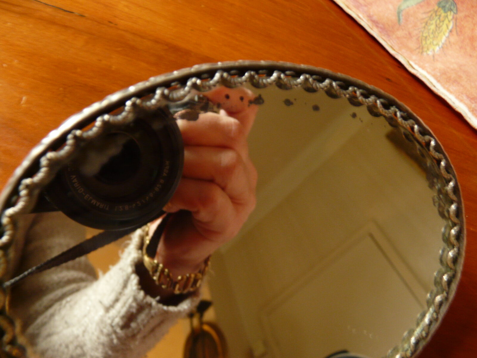 former silver bronze hand mirror - porcelain Limoges flower decoration