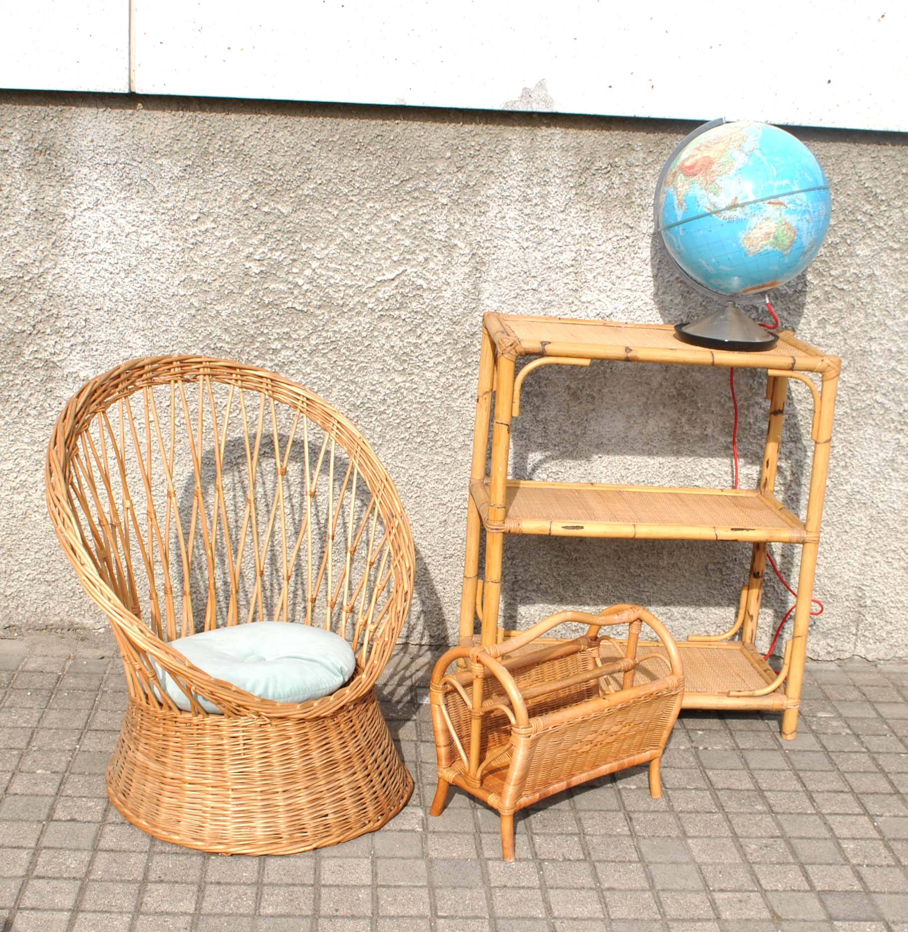 Vintage basket armchair in woven rattan - round seat Design 1960-1970