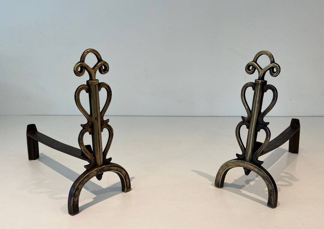 Pair of Brass and Wrought Iron Chenets with Triple Volute and Mount Torch Holders