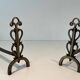 Pair of Brass and Wrought Iron Chenets with Triple Volute and Mount Torch Holders