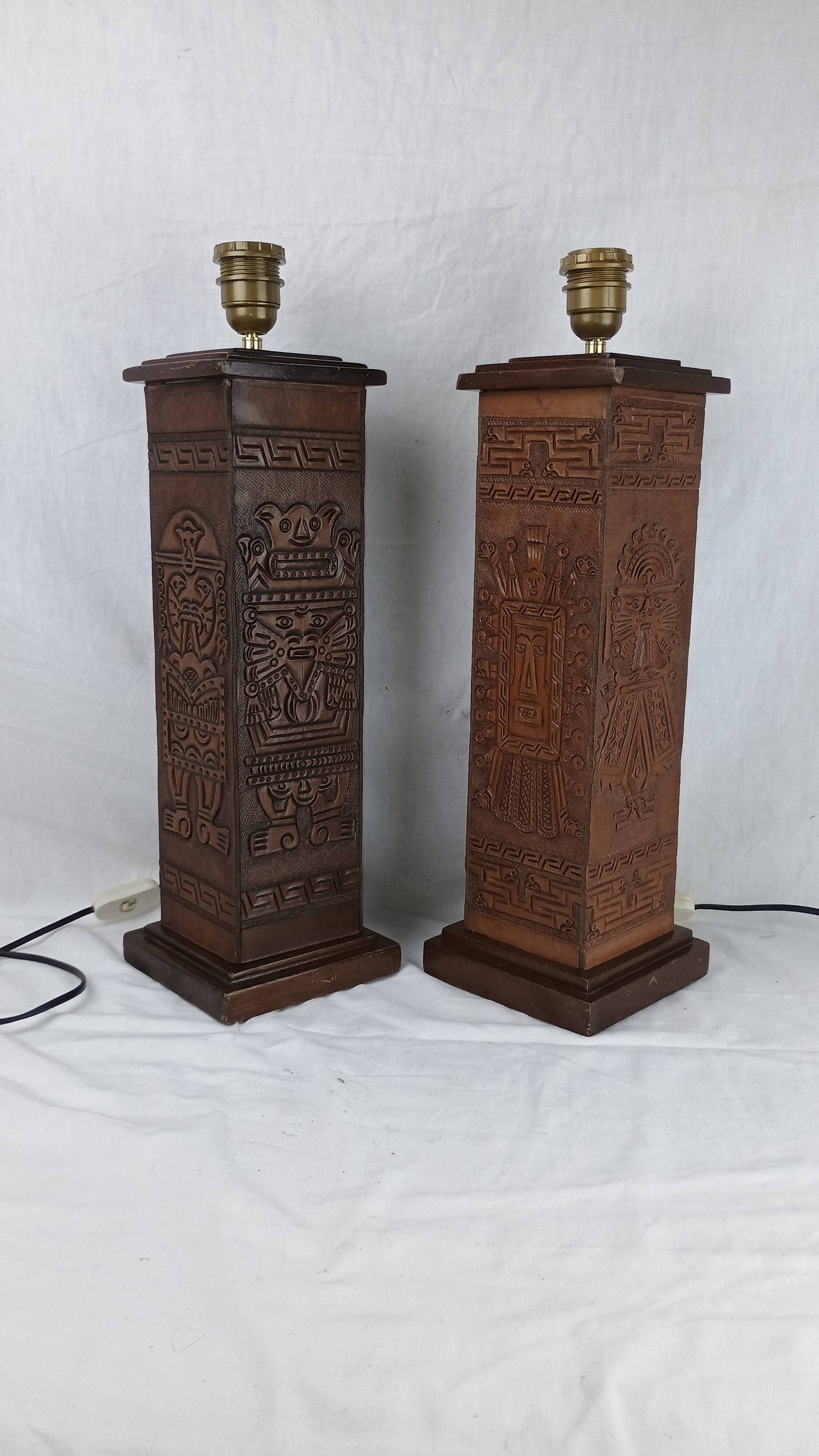 Pair of Kaiser Leuchten Totem Lamps in Vintage Aztec Inca or Mayan Leather