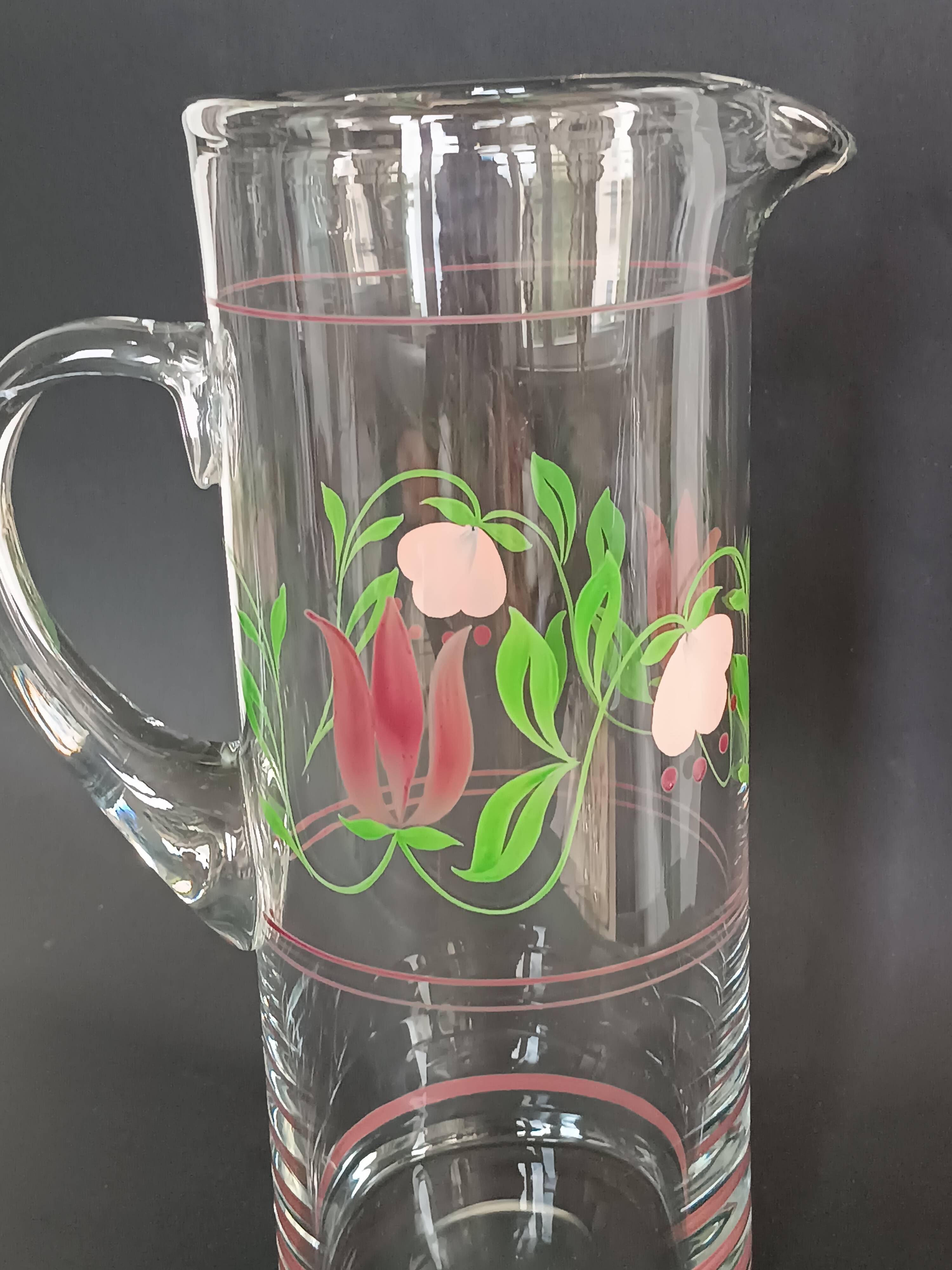 Carafe and four glasses in painted crystal, Hartzviller crystal factory, 1970