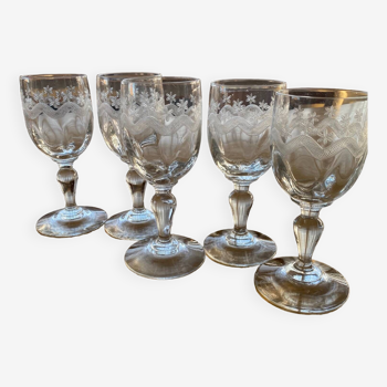 5 engraved port stemmed glasses