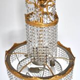 Lustre à 3 lumières en métal doré et pampilles en verre